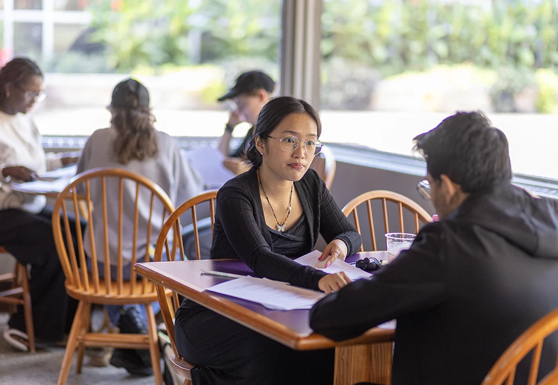 Students sit at a table working on projects together.