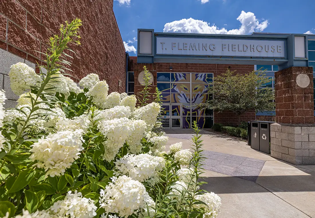 A photo of an entrance to the Trevor Field House on the Knox campus. A white hydrangea frames the entrance, which features an image of the Knox fox, Blaze.
