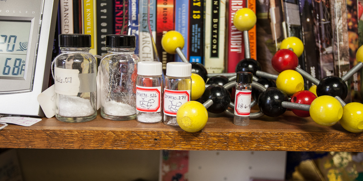 A wooden model of a molecule sits on a shelf in Professor Diana Cermak's office. 