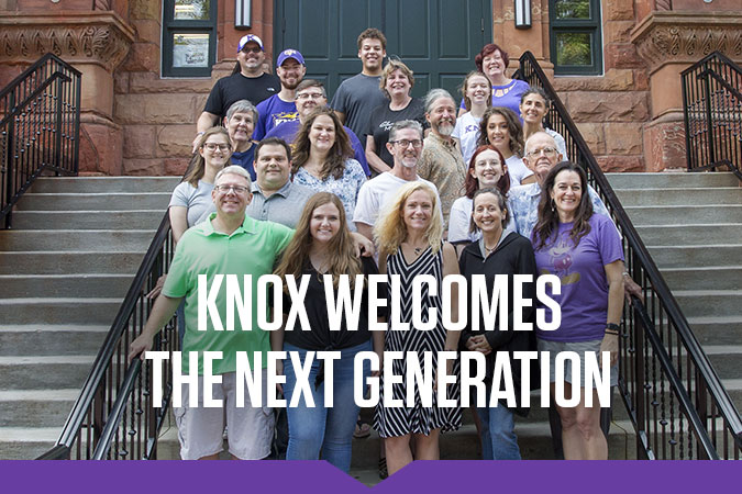 Knox welcomes the next generation: A group of seven legacy students from the Class of 2023 pose on the steps of Alumni Hall.