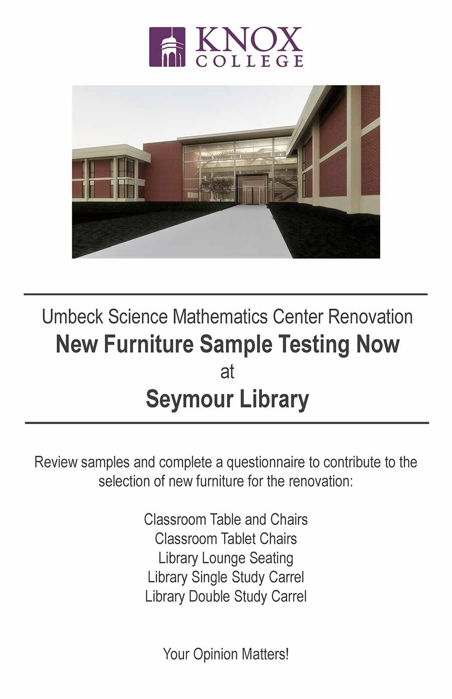 Smc Renovation New Furniture Sample Testing Events Calendar Knox College