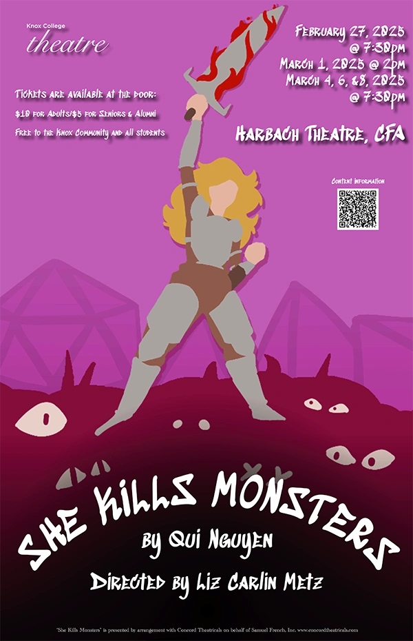 theatre poster for She Kills Monsters—faceless cartoon figure with long, blonde hair, dressed as a warrior, holding sword in the air, standing on a pile of monsters