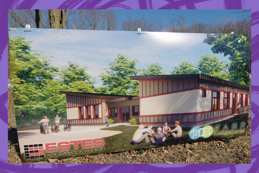 A rendering of the new building coming to Green Oaks with the construction site in the background.