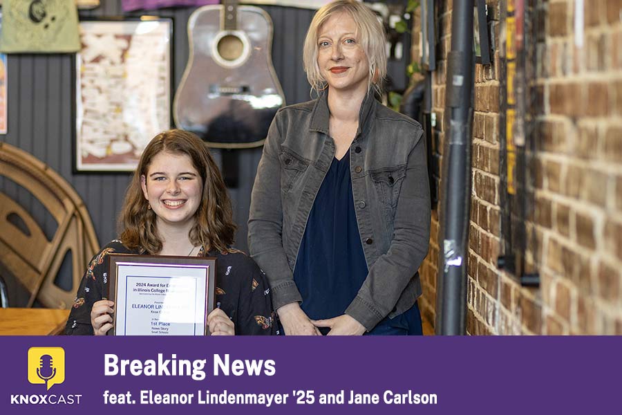 Image of Eleanor Lindenmayer '25 and Jane Carlson with text "Breaking News feat. Eleanor Lindenmayer '25 and Jane Carlson"