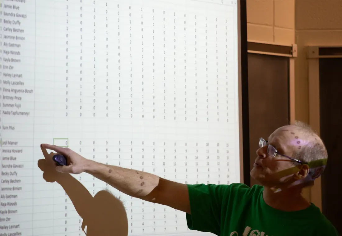 A professor points to a screen showing a spreadsheet with a column of names followed by many columns of numbers.