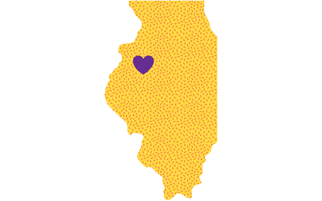 Yellow outline of Illinois. A heart is in the location of Knox College.