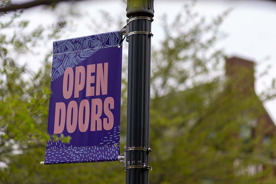 A banner that says "Open Doors" hangs from a light pole in front of a tree with green leaves.