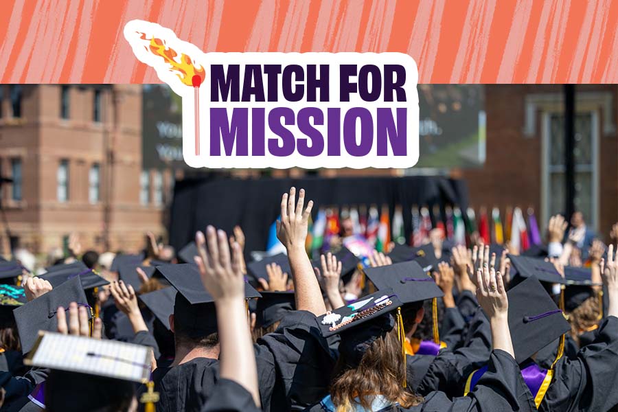 Match for Mission logo over a photo of Kknox graduates raising their hands at Knox Commencement