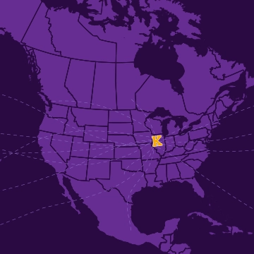 A light purple map of North American on a dark purple background. The map is divided into states and territories, and a yellow K is located on top of Illinois.