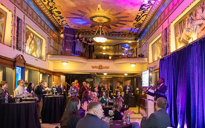 President C. Andrew McGadney speaks to attendees of the Venture Boldly campaign event in St. Louis