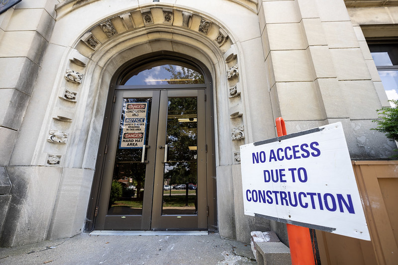 A sign sitting outside of George Davis Hall reads "No Access Due to Construction"