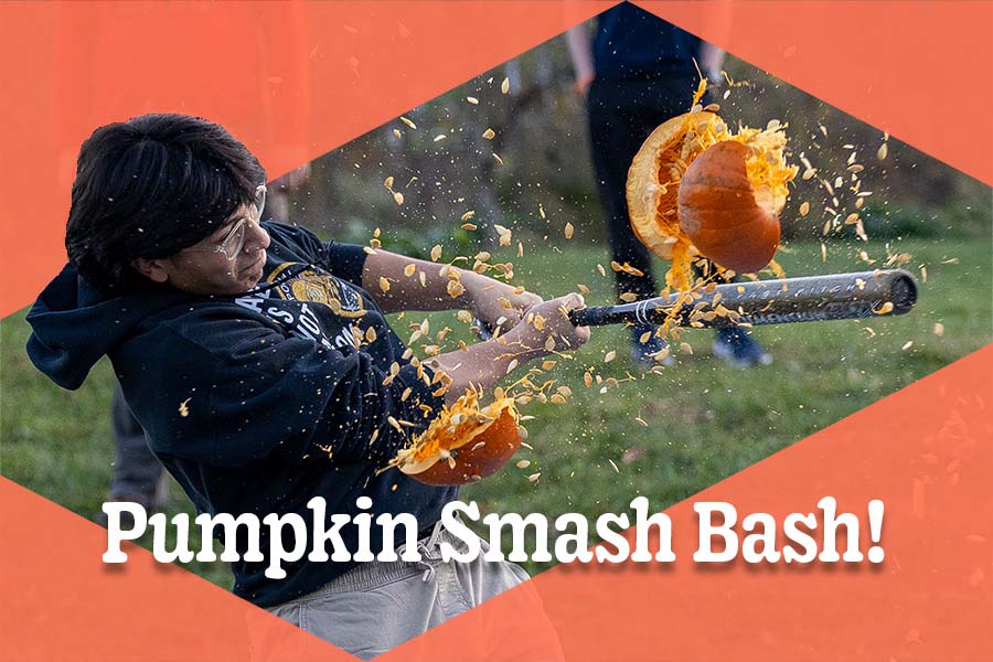 thumbnail image of a student smashing a pumpkin with a baseball bat