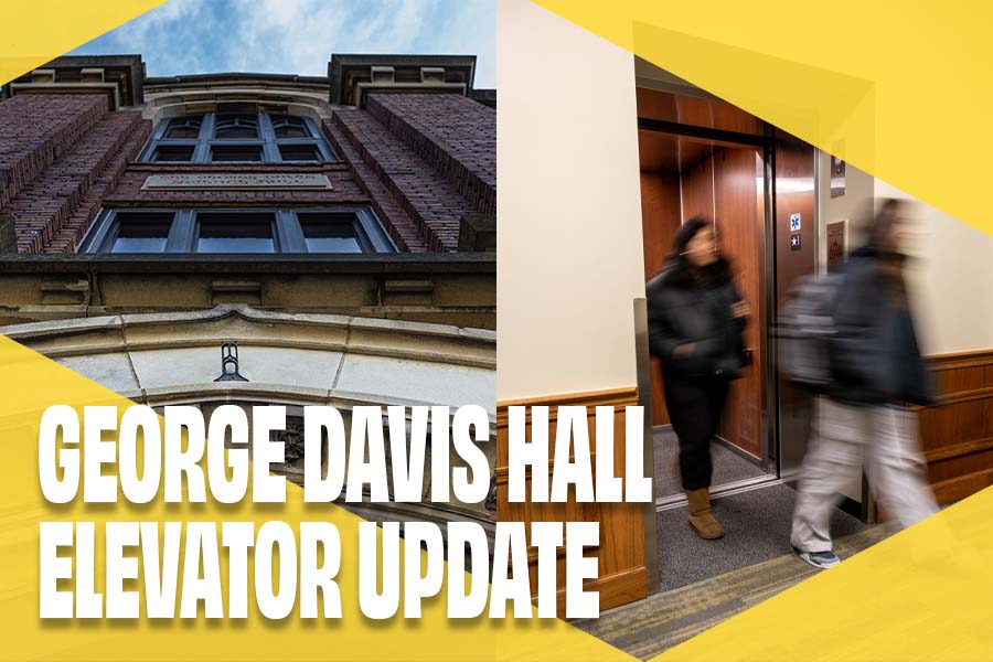 photo collage: first image is of George Davis Hall building exterior, looking up; second image is two students stepping off the elevator inside George Davis Hall 