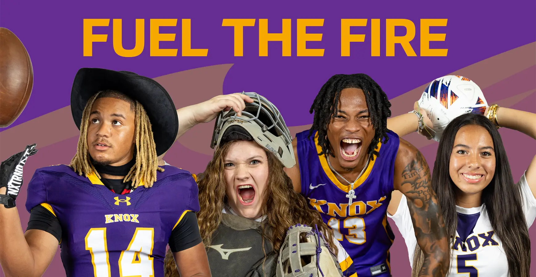 Four athletes pose for the camera in their uniforms. "Fuel the Fire" appears in yellow above their heads.