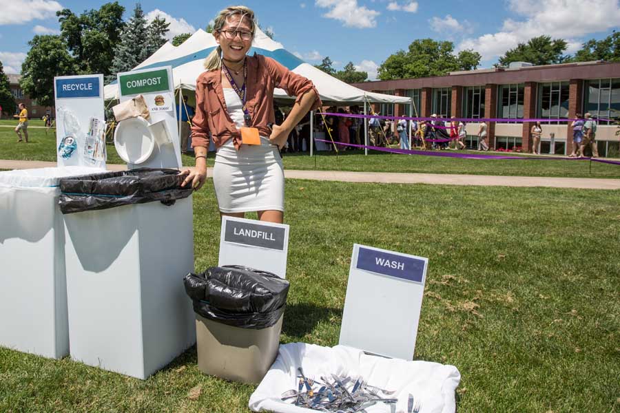 Recycling station at Knox College's 2016 commencement picnic.